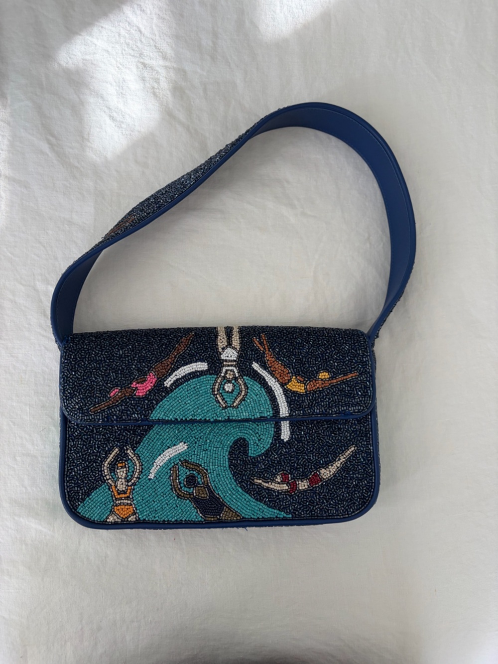STAUD Navy Beaded Tommy Shoulder Bag with swimmers